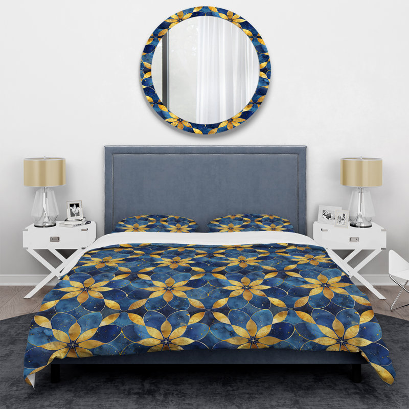 Blue Gold Modern Flower Dream II - Ensemble de housse de couette moderne, Housse de couette pour grand lit et 2 taies décor