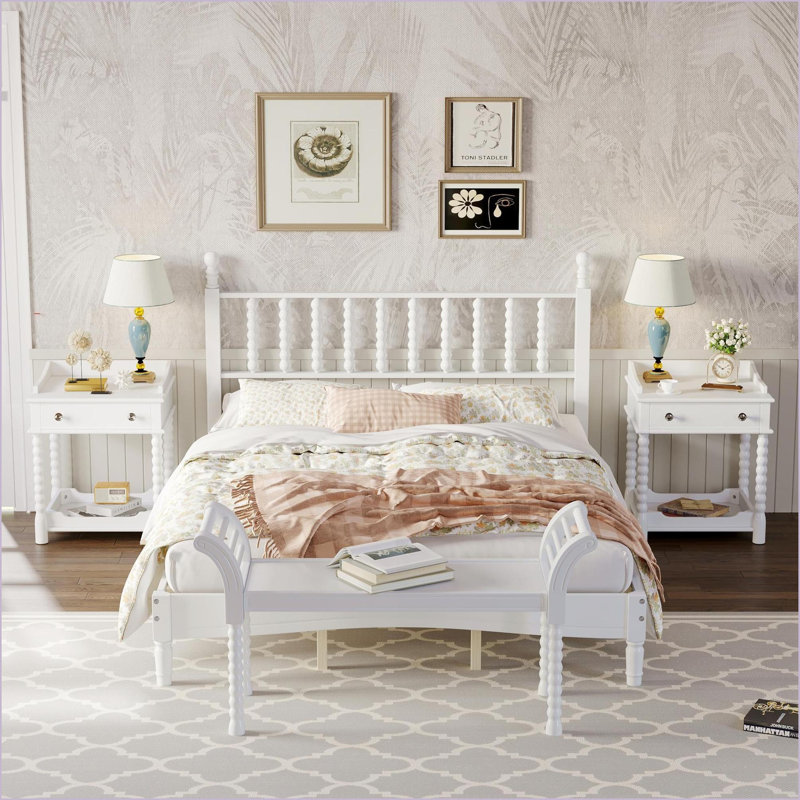 Ensemble de mobilier de chambre à coucher, grand lit 4 pièces rétro avec tables de chevet et amp; Banc, blanc neige | Bois
