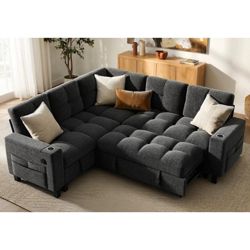 85? Sectional Sleeper Sofa, Modular Sectional Sofa With Pull Out Bed, Storage, USB Ports & Cup Holders, Gris foncé