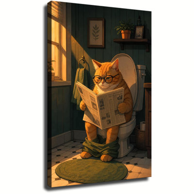 Drôle de chat tigré orange avec des lunettes lisant le journal sur la toilette, décoration murale humoristique pour salle de bain rétro vert foncé