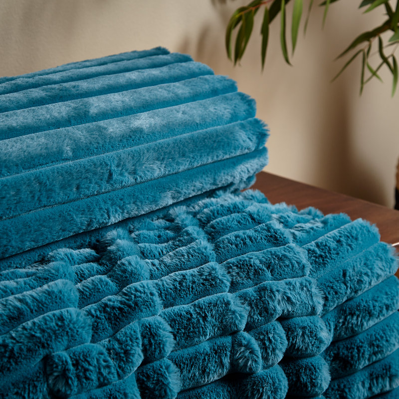 Cosy Ribbed Faux Fur Blanket Throw, Teal Green