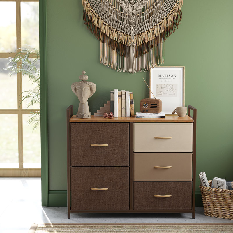 Commode 5 tiroirs en acier inoxydable 32,7 po Davinee, Chocolat / blanc / brun
