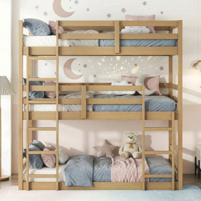 Sailvan Bunk Bed Twin over Twin over Twin with Two Built-in Ladders Guardrails, Wood, Detachable Triple Twin Bunk Bed