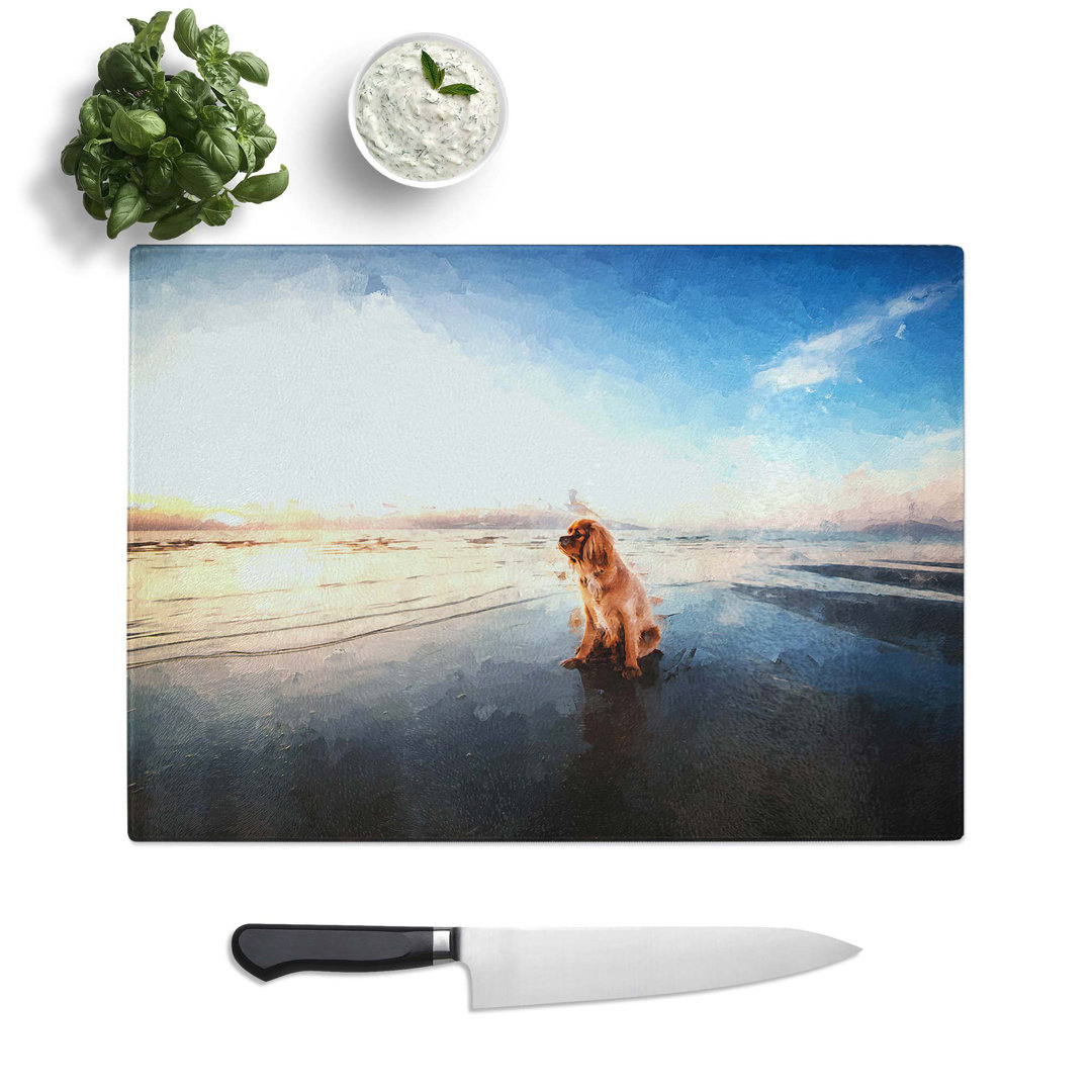 Glass King Charles Spaniel Upon The Beach in Abstract Chopping Board