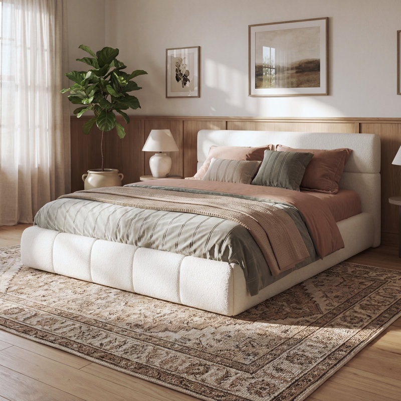 Minimalist Modern Bouclé Upholstered Platform Bed with Rounded Cloud Silhouette, Queen