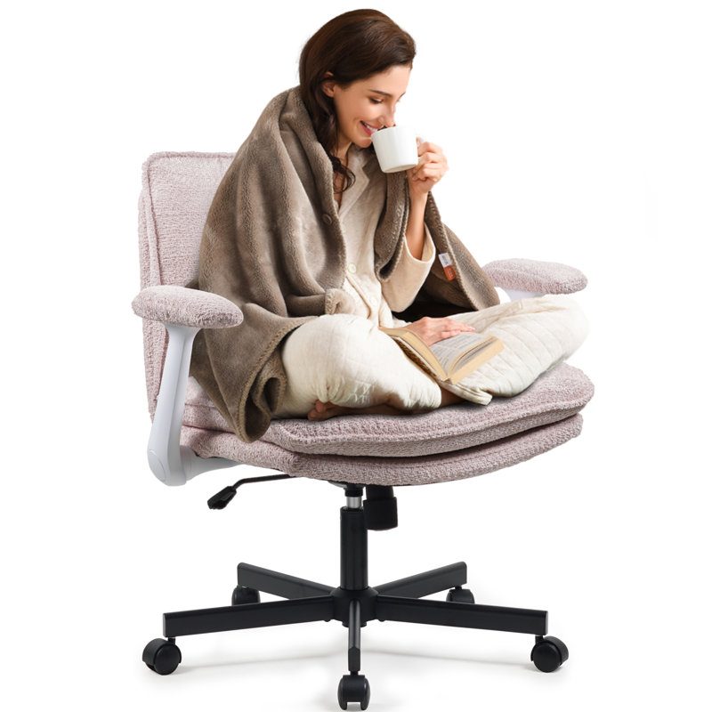 Cross-Legged Teddy  Office Chair With Flip up Armrest &Wide Seat，Ergonomic Fabric Home Office Chair , Pink
