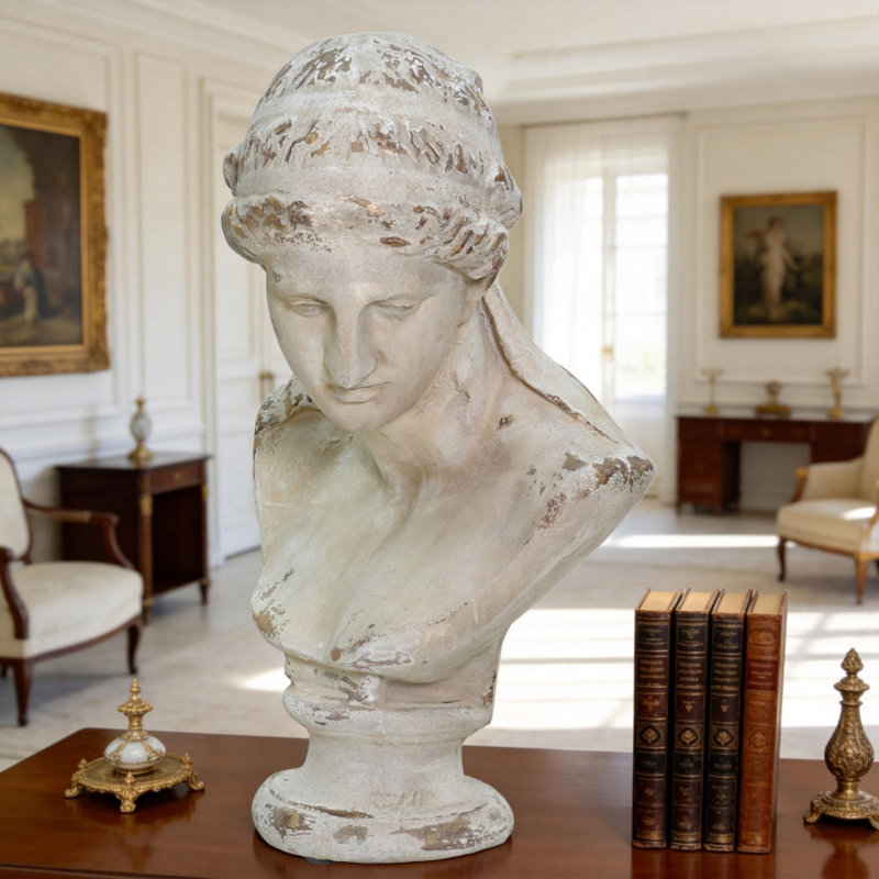 Classic Magnesium Bust Statue with Distressed White Finish
