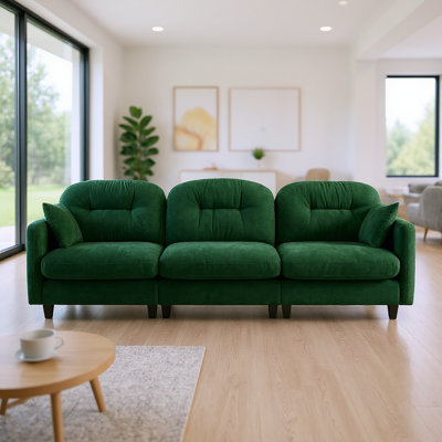 107" Wide 3-Seater Modular Sofa in Soft Chenille with Tufted Backrest, Elegant Armrests & Wooden Base, Green