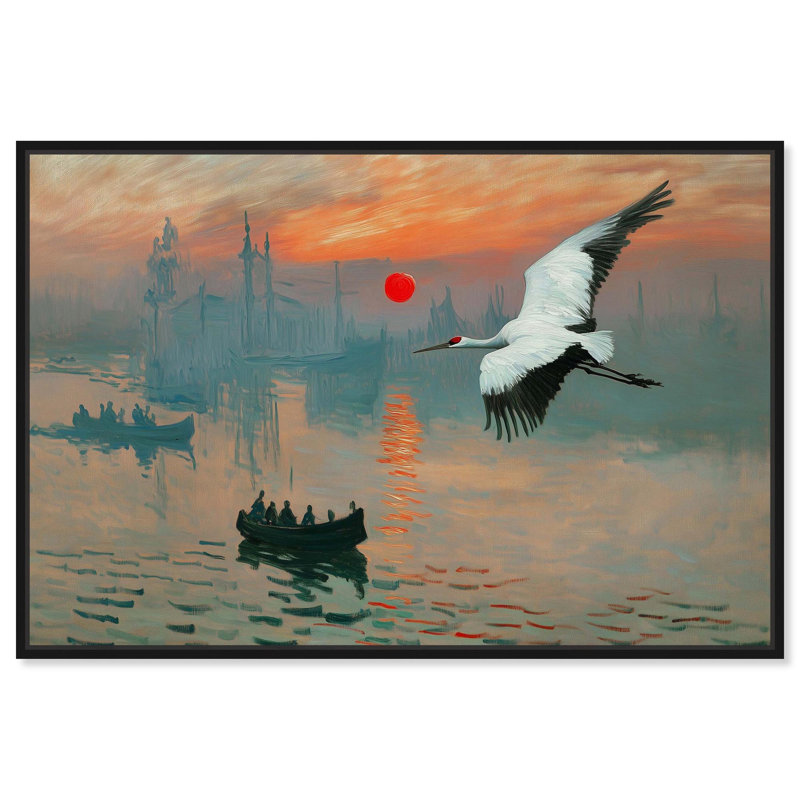«Crane Sunset», toile par Pet Remedy, H 37 po x l 55 po, Cadre flottant noir