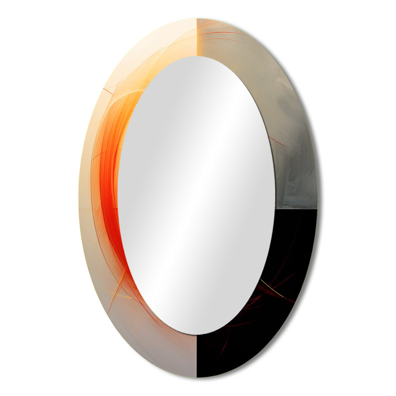 Red Moon Rising Abstract Landscape - Abstract Oval Decorative Mirror On Metal, 36" x 24"