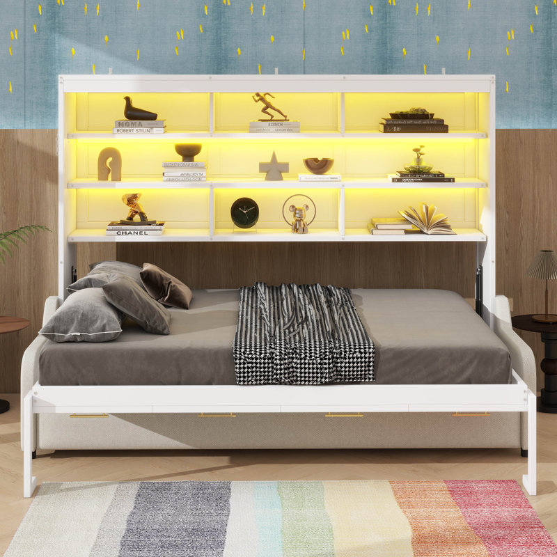 Lit armoire avec canapé escamotable Murphy, tablettes de rangement intégrées et lumière DEL, Double
