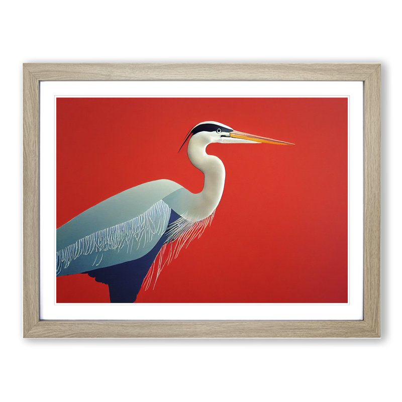 A Lively Heron Bird - Single Picture Frame Print, 46cm H x 64cm W x 2cm D, Oak