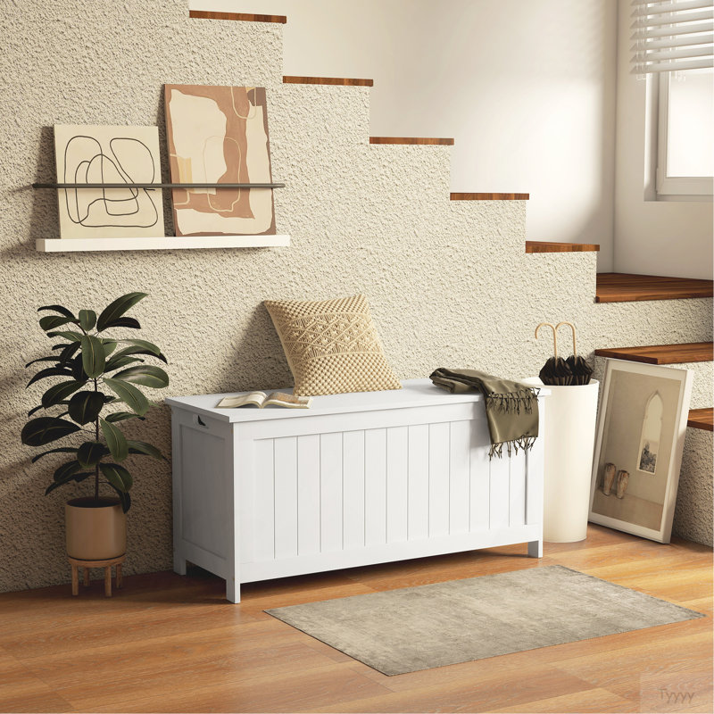 HOMCOM 39.4" Storage Chest W/ 2 Safety Hinges, Wooden Box, White, White