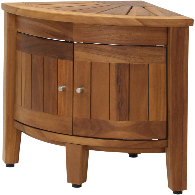 Kai 15.5" Corner Teak Shower Bench With Shelf & Front-facing Doors