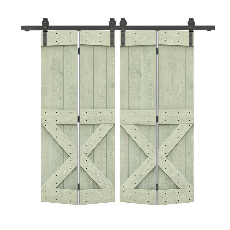 Porte de grange en bois 84 pliable avec trousse de quincaillerie d'installation, 72 po x 84 po, Vert sauge