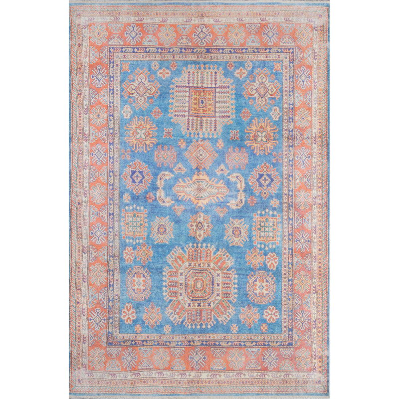 Tapis bleu / corail à motif floral Lyona, Rectangle 2 pi x 3 pi