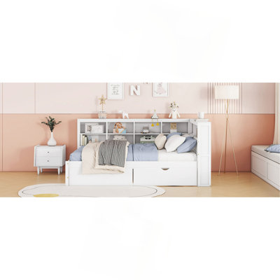 Wooden Full Size Daybed With 2 Drawers, Daybed With Storage Shelf And USB Charging Ports