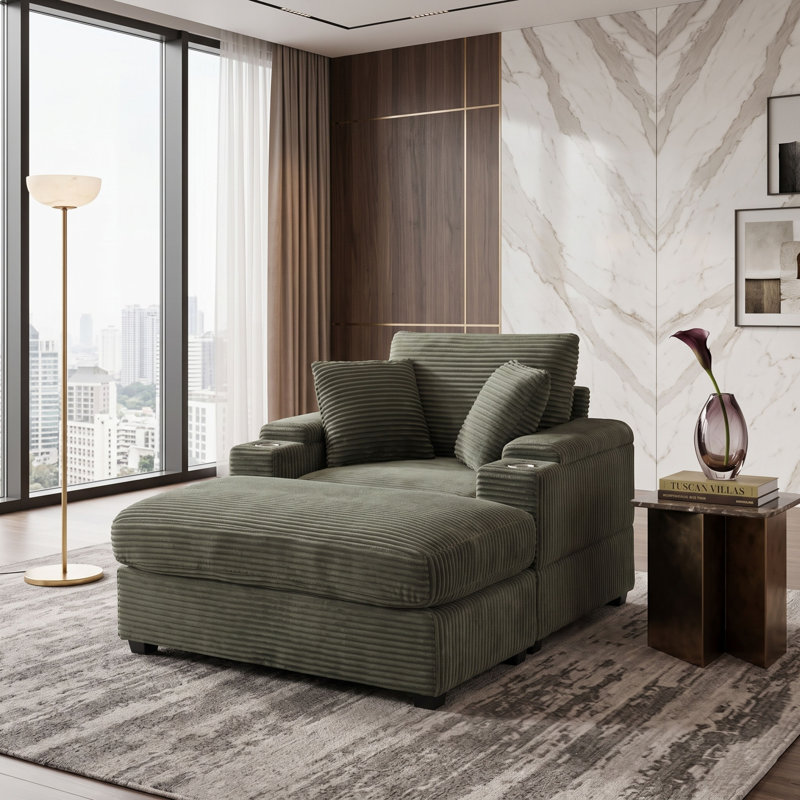 Chaise longue rembourrée avec repose-pieds et porte-gobelets Corduroy, Vert foncé
