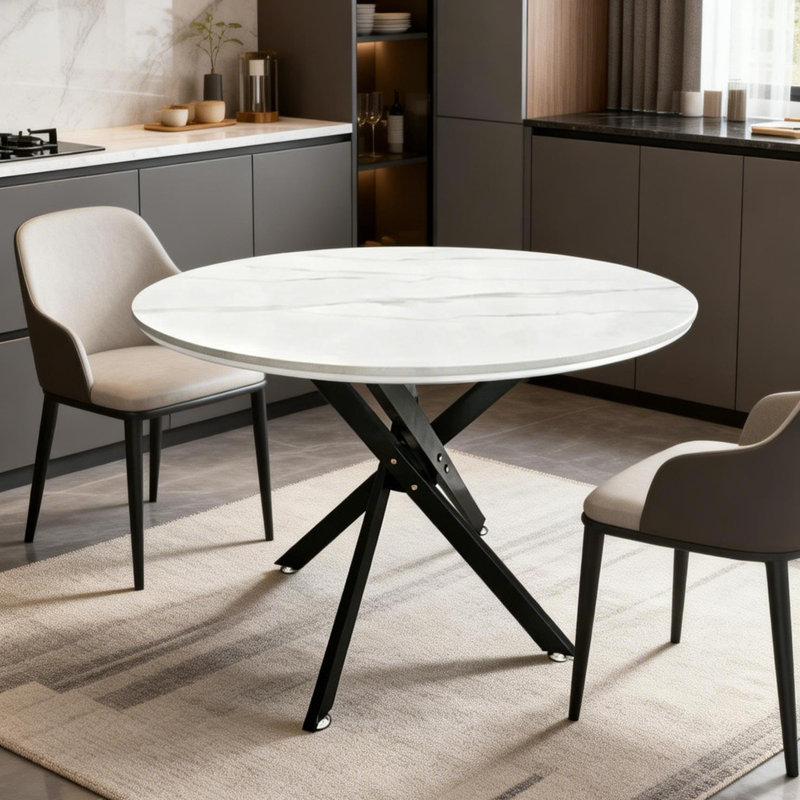 35.5“ Round Sintered Stone Dining Table With Metal X-base – Modern Kitchen & Small Space Round Dining Table, White
