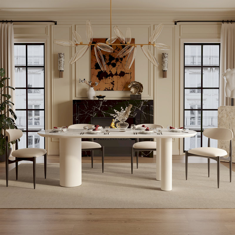 79" Oval Dining Table,Cream Column Base And White Textured Sintered Stone Top,Modern Kitchen Table