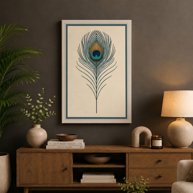 Peacock Feather Study Botanical - Wrapped Canvas, 36x24 - 91.4 x 61.0 cm, Cream Border