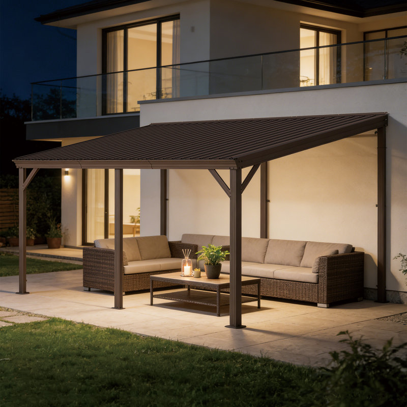 Pergola murale de terrasse avec toit en acier galvanisé incliné, 99.23" H x 189.7" W x 143.31" D, Brun