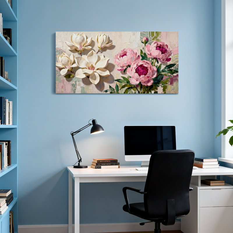 Plantes et fleurs, magnolia et pivoine, H 16 po x l 32 po