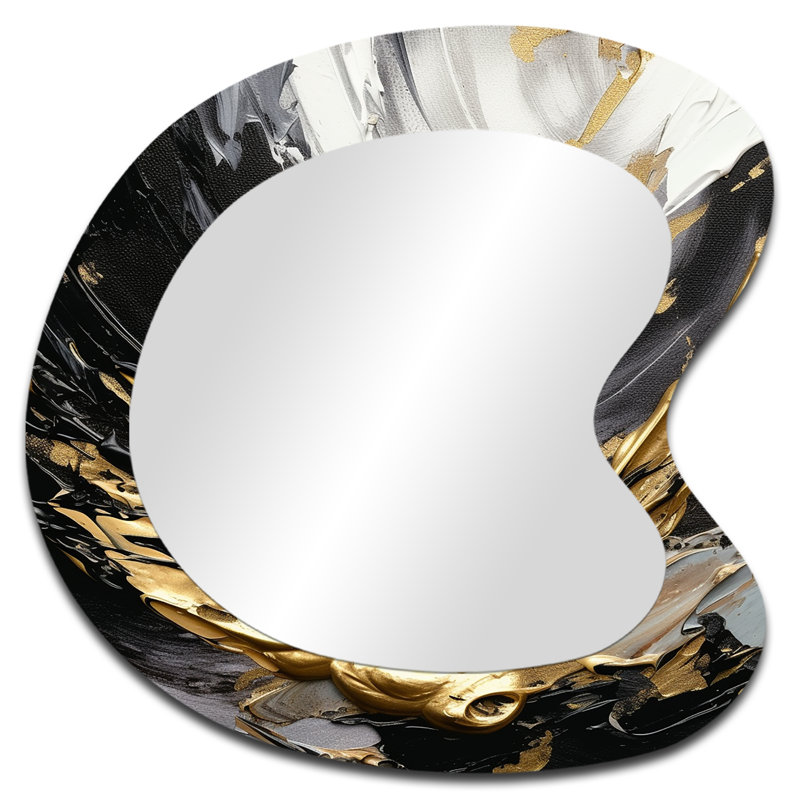 Feiga Golden Wave Reflections VIII - Abstract Asymmetrical Mirror, Black Unique Shape Decorative Wall Mirror, Printed Metal Art