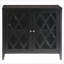 Consoles | Console traditionnelle noire avec tablette de rangement intérieure, portes en verre, largeur 34,5 po | Bois et verre | Salon