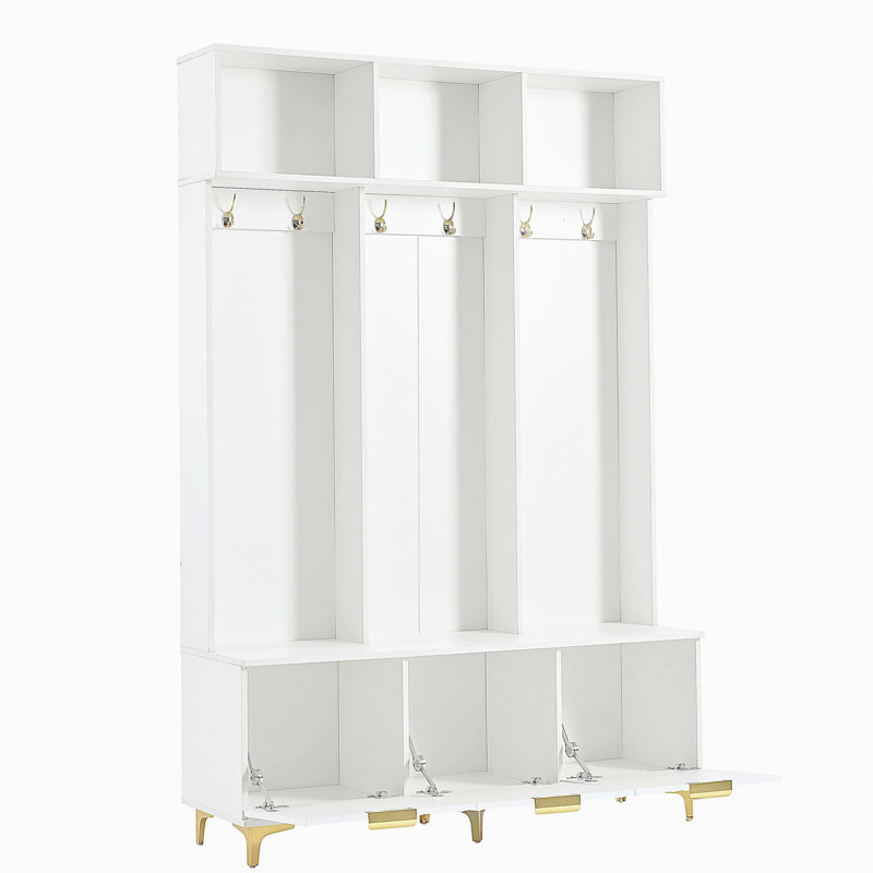 Grand portemanteau moderne avec banc, banc de rangement multifonctionnel avec portes cannelées ultrabrillantes, portemanteau luxueux avec 6 crochets et pieds dorés pour le vestibule et le salon