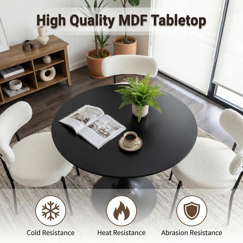 31.5" Black Modern Round Dining Table - Mdf Top & Cylindrical Metal Base, Multi-use For Kitchen/living Room/coffee Table
