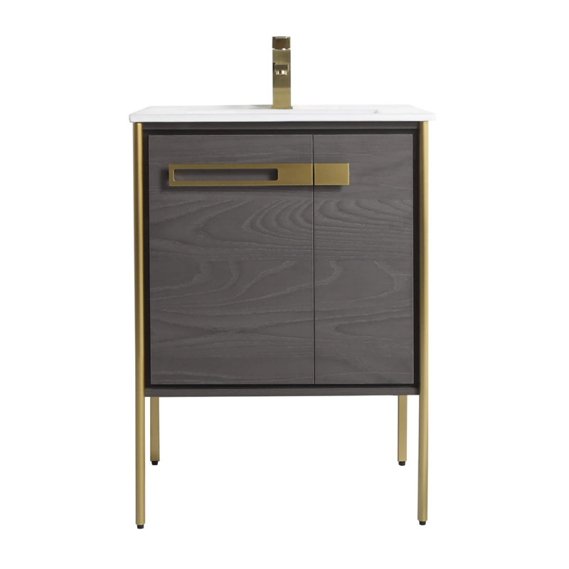Meuble-lavabo simple 24 po, Chêne noir, Laiton satiné
