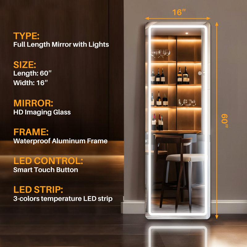 Belspring Mirror Full Length Standing Mirror with LED Lights, Lighting Floor Mirror with Stand and Dimming, 60" x 16"