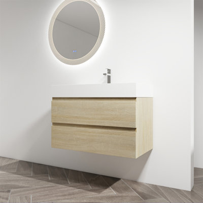 Meuble-lavabo mural de 36 pouces avec lavabo en résine et tiroirs à fermeture en douceur, peu encombrant et élégant