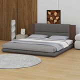 Floor Upholstered Platform Bed With Extended Wood Headboard & Bedside Shelf