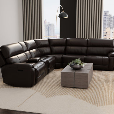 6 modulaires électriques en cuir tabac, appuis-tête, repose-pieds, console multifonctionnelle, en forme de L pour espace de vie principal avec porte-gobelets lavables amovibles, brun foncé, zone