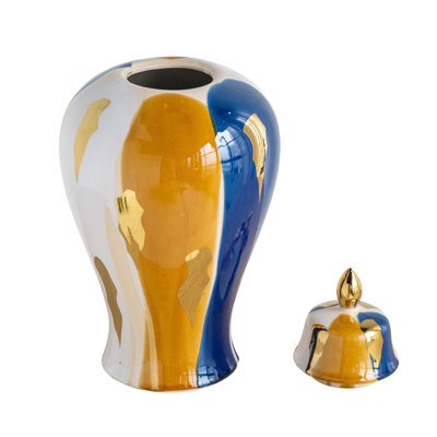 Large Multicolor Curved Ceramic Jar with Abstract Artistic Finish, 9.8 x 9.8 x 19.1 Inches