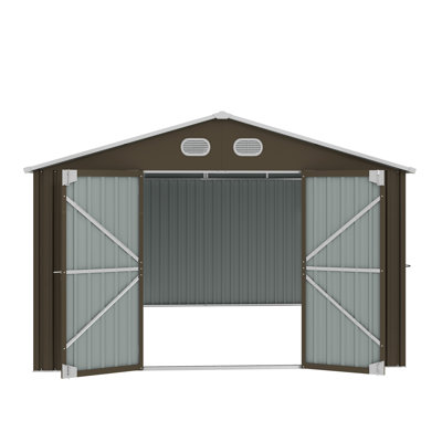 10x12 FT Outdoor Metal Storage Shed, Large Storage Sheds with Sturdy Frame Structure, Metal Garden Tool Shed with Lockable Door for Garden,Gift a foldable flower pot stand, Backyard,BROWN