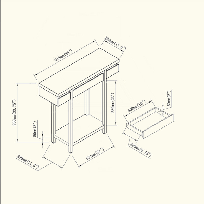Entryway Hallway Console Table With One Drawer One Shelf Wooden Leg Frame Handleless Design