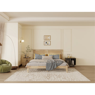 King Size Solid Wood Bed with Rattan Headboard, Rubber Wood Bed with Central Support Beams and Enhanced Feet,Natural