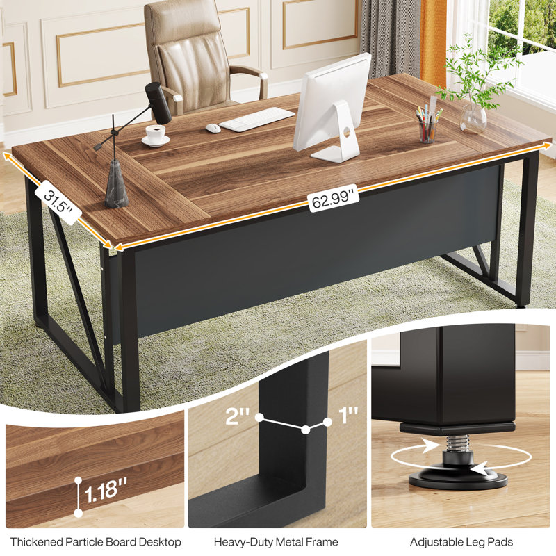 Quantavia Iron Computer Desk, Black, Dark Walnut