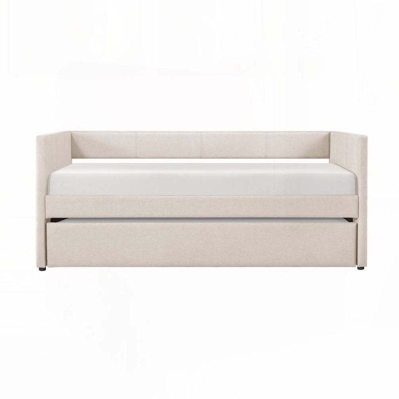 Upholstery Wooden Frame Daybed with Pull Out Trundle, Beige