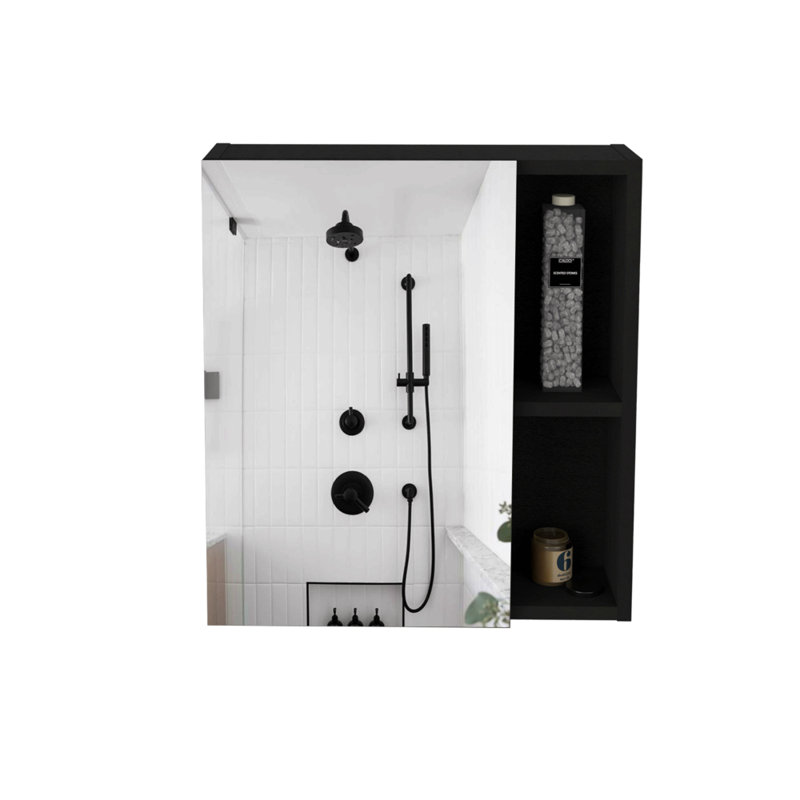 Armoire à pharmacie à porte simple H 19 po avec miroir, cinq tablettes intérieures, noir, Noir mat