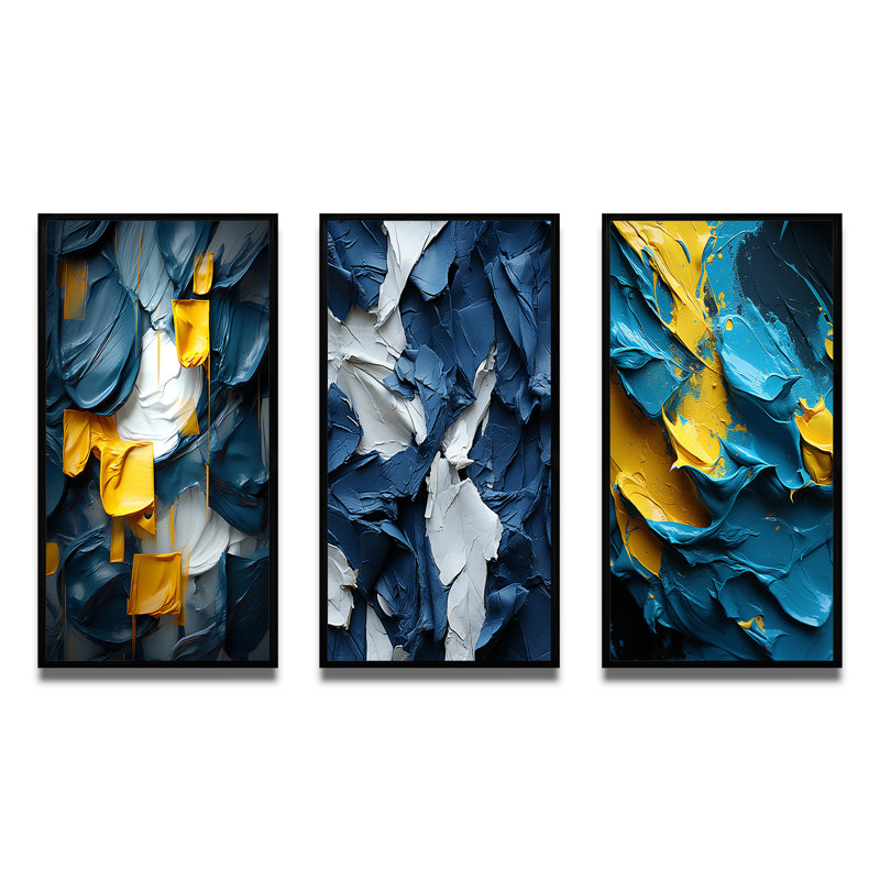 «Spring Bliss Abstract Turquoise and Yellow I», ensemble de 3 reproductions, Cadre flottant noir, H 40 po x l 60 po