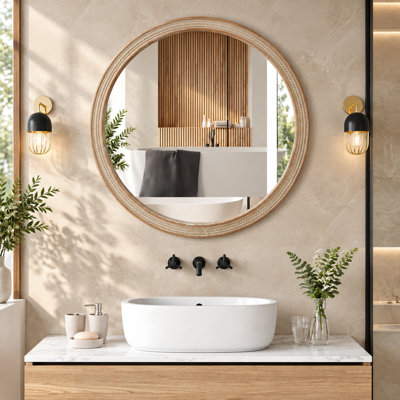 Miroir mural rond rond avec cadre en rotin tissé
