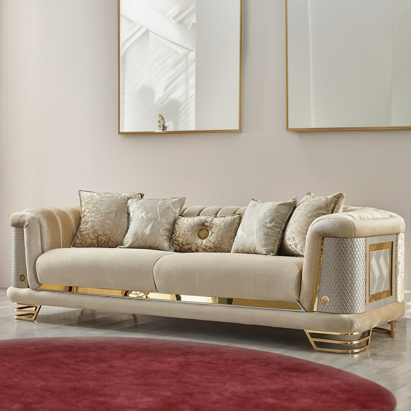 Luxury Tufted Velvet Sofa With Gold Accents – Modern Upholstered Couch In 4 Elegant Colors, Beige