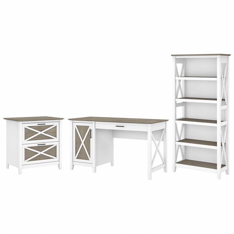 Huckins 3 Piece Computer Desk Office Set, Shiplap Gray/White