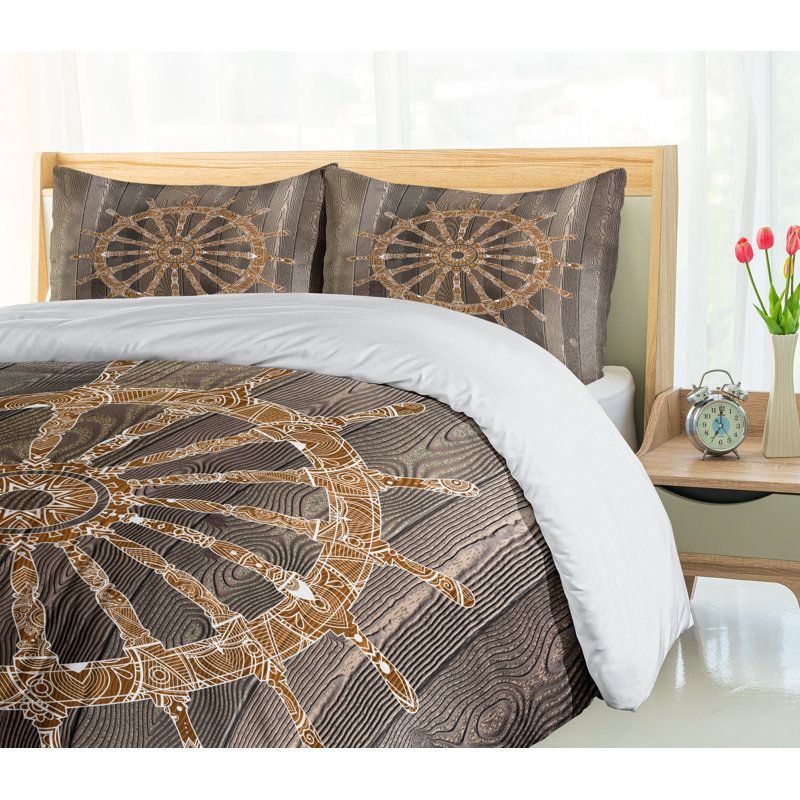 Queen Umber Brown Nautical Ship Wheel Duvet Cover Set