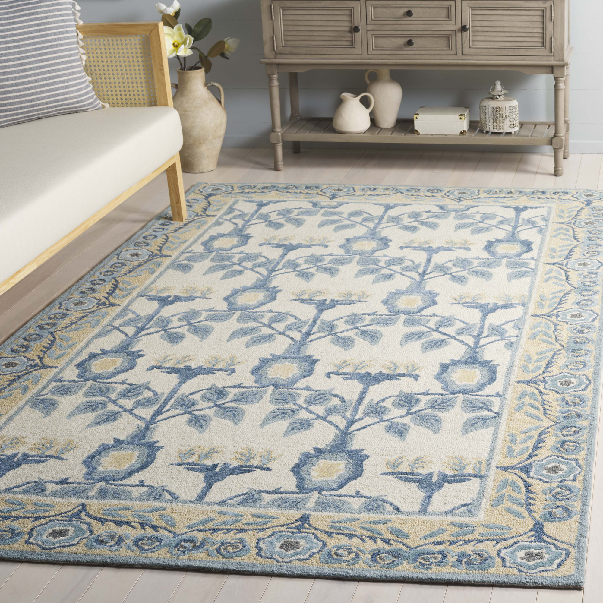 Earthly Treasures 215 Hand Tufted Wool/Cotton/Viscose Floral Rug in Ivory/Blue, Rectangle 5' x 8'