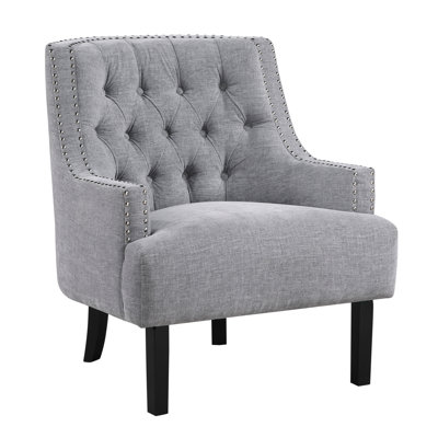 Button- Accent Chair In Gray Chenille For Stylish Living Room Furniture Upholstered With Back And Solid Wood Area